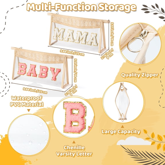 2 Piece Makeup Bag Set, Patch MAMA BABY Letter Straw Triangle Bags, Large Capacity for Travel Mother’s Day