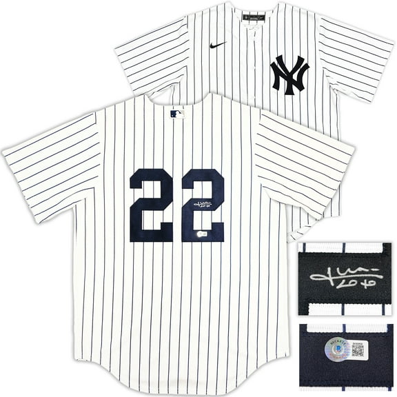 New York Yankees Juan Soto Autographed White Pinstripes Nike Jersey Size L Beckett BAS QR 226401