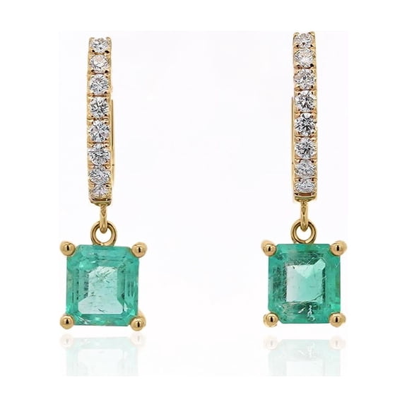 2.19 Carat Square Emerald & Diamond 18k Gold Dangling Huggie Earrings