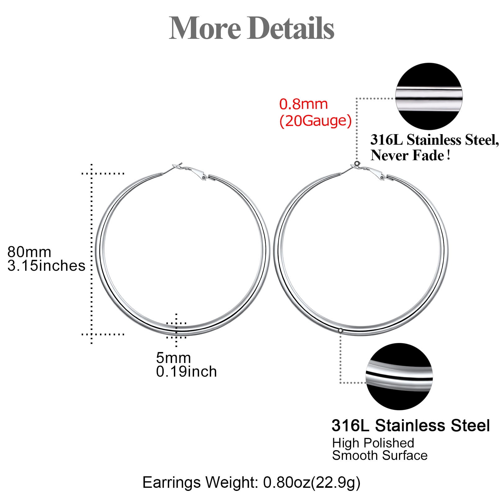 FOCALOOK Chunky Hoop Earrings for Women 316L Stainless Steel Hypoallergenic 5mm Thick Tube Large Circle Hoops 80mm