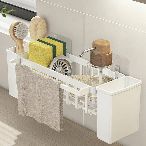 Organizador de esponja para fregadero de cocina con bandeja de drenaje automático | Soporte de plástico para esponja con espacio para cepillos y toallero | Organizador de encimera antideslizante y