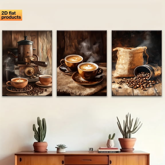 [Elegant Coffee Canvas Art] 3pcs Wooden Framed Wall Art | Elegant Coffee Canvas Art, Aesthetic Canvas Printing Mural, Creative Art Design - Ideal Gift for Living Room, Bedroom, Office,