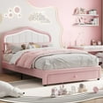 thumbnail image 2 of FULL Upholstered LED Bed Frame with Storage Drawers, Cute Boys Bed with Adjustable Lotus Headboard, Faux Leather Platform Bed Frame, Wooden Slats Support, No Box Spring Needed, Pink/White, 2 of 10