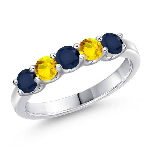 Gem Stone King 925 Sterling Silver Blue Sapphire and Yellow Sapphire Wedding-Bands Ring for Women | 0.98 Cttw | Round 3.5MM | Gemstone September Birthstone | Size 8