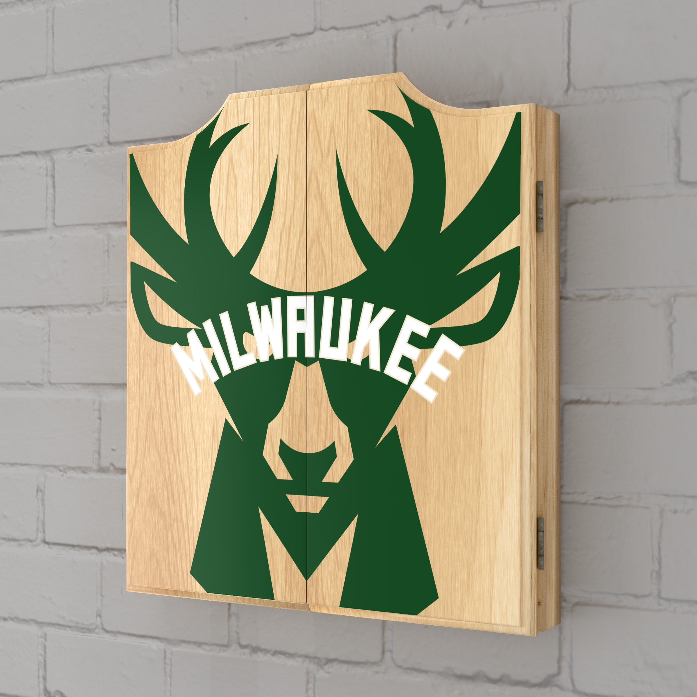 Milwaukee Bucks Fade Dart Board Cabinet Set with 6 Steel Tip Darts