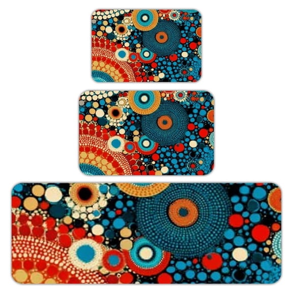 RKSupls Kitchen Rug Set 3 Piece Anti-Slip Flannel Floor Mats, Aboriginal Dots Art Washable Absorbent Runner Mats for Kitchen Bathroom Home Decor