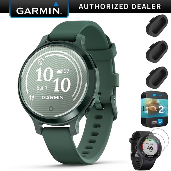 Garmin Lily 2 Active Smartwatch, Jasper  Bundle with 2 Year Protection Pack   Silicone Dust Cover (3-Pack)   Tempered Glass Screen Protector (2-Pack)Green with Jasper Green Silicone Band