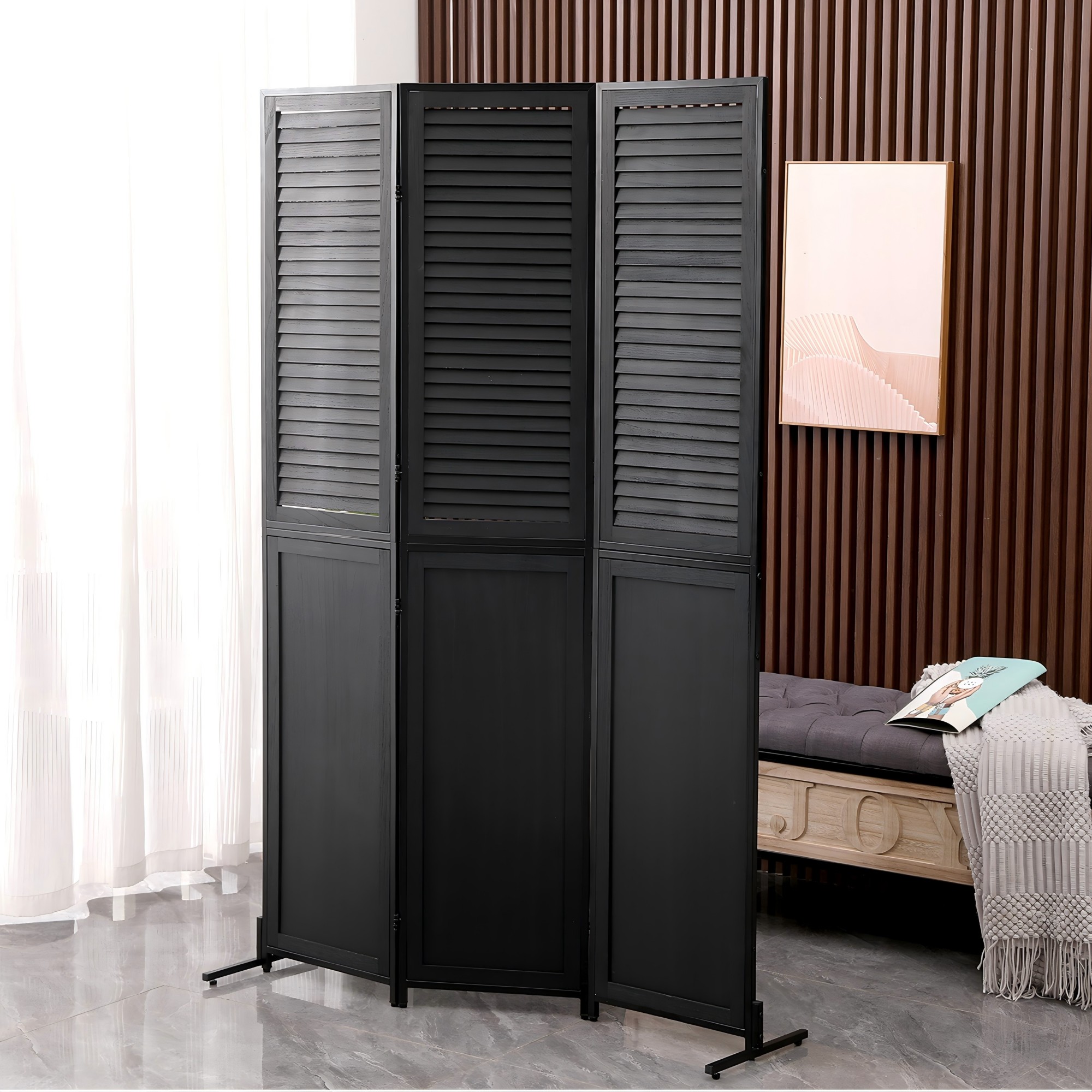 3 Panels 5.9 FT Wooden Room Dividers Black Folable Privacy Screen Louver Room Separation Indoor Freestanding Wall Partition Screen