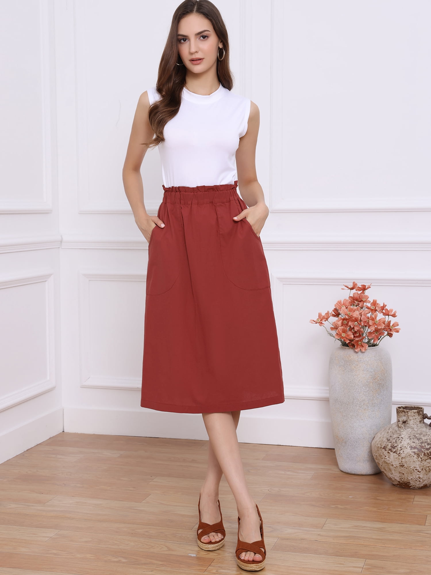 DARING DIVA Women's Cotton A-Line Elastic Waist Peasant Skirts with Pockets XS Dark Red