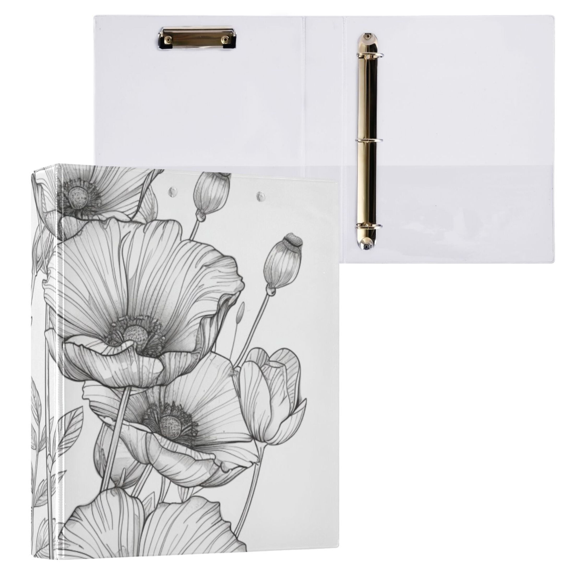 Line Flowers 3 Ring Binders 1.5 inch Hardcover File Folders with Interior Pockets A4 Size Organizer for School Office Hospital
