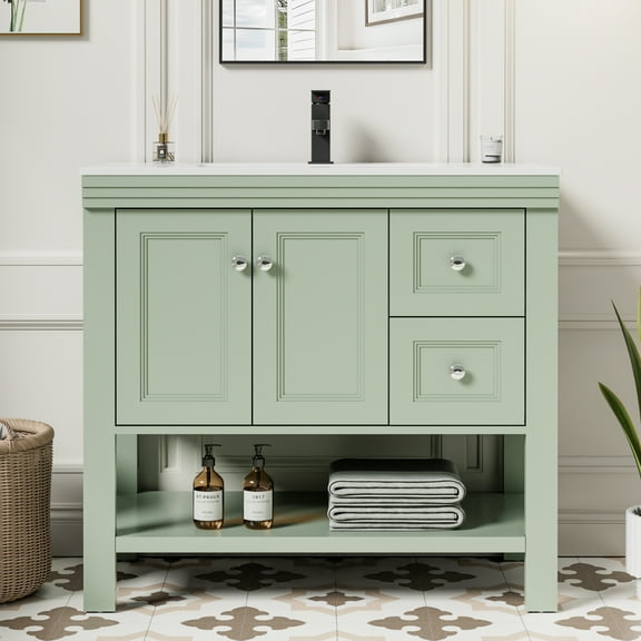 Eclife 36" Single Bathroom Vanity With Integrated Sink Top, 2-door Cabinet And 2 Drawers, Hand Paint