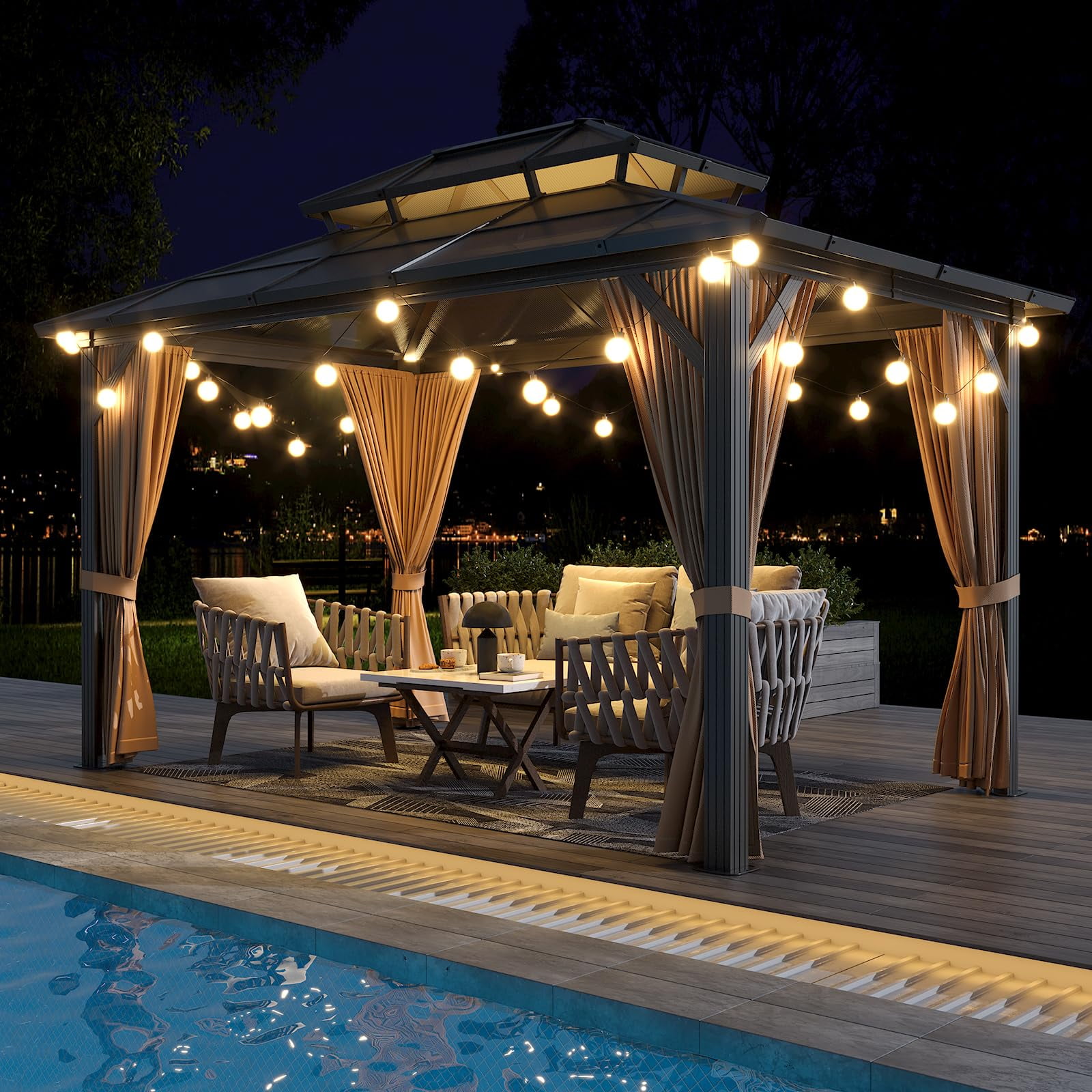 TROPOW Gazebos for Gardens,10x13ft Hardtop Gazebo,All Seasons Gazebos,Outdoor Polycarbonate Double Roof Canopy,Aluminum Frame Permanent Garden Tent with Curtains and Netting for Patio, Lawns,Khaki