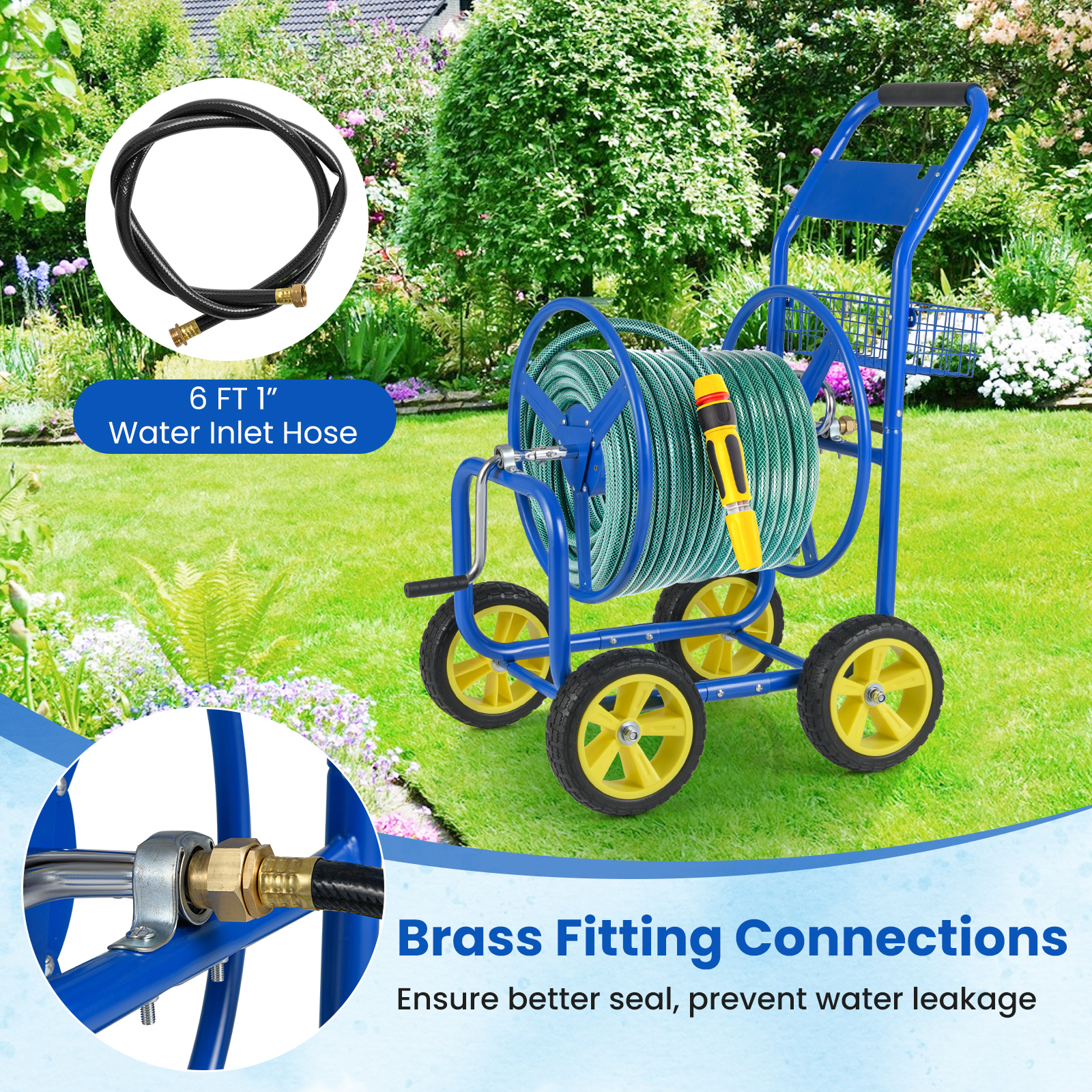 Gymax Garden Hose Reel Cart 300 FT of 5/8'' Large Capacity Heavy-Duty Metal Hose Cart Blue