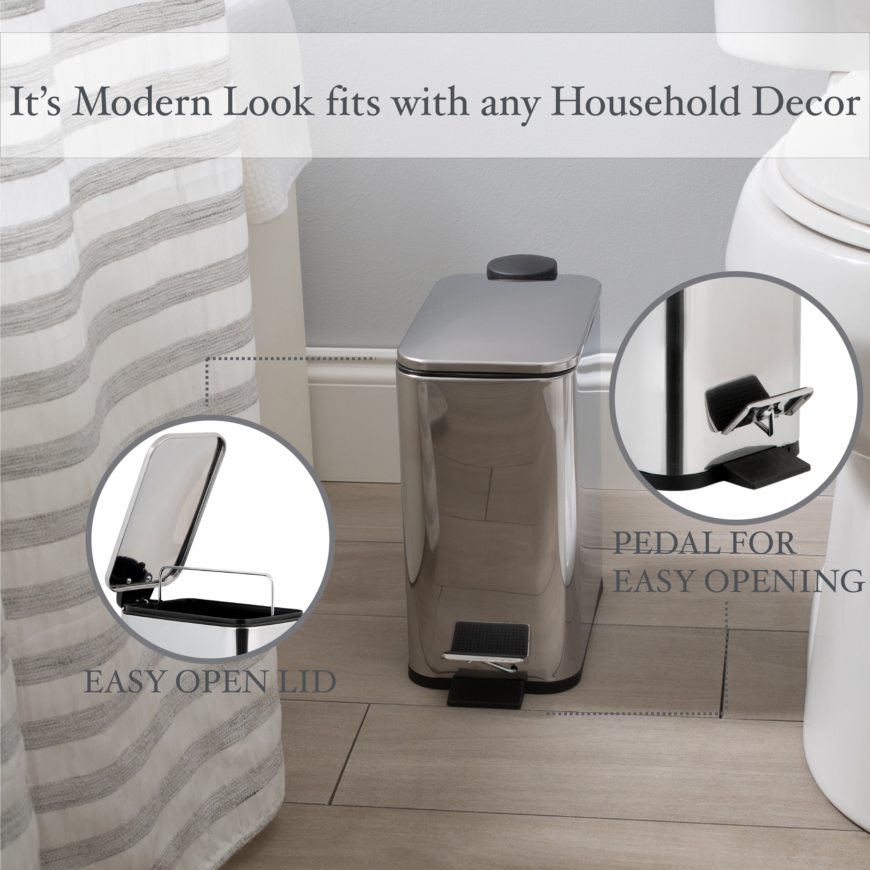 Simplify Slim Rectangular 5 Liter Step Pedal Bathroom Trash Bin, Stainless Steel