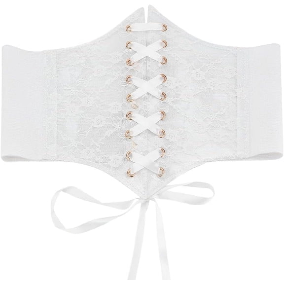 White Vintage Lace-up Elastic 4.72~7.87inch Wide Corset Waist Belt for Women Transparent Lace Crochet Petal Ribbon Tied Waspie Belt for Party Club Prom Dress Shirts Clothing Waistband White