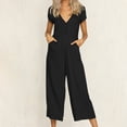 thumbnail image 2 of fartey Cotton Linen Jumpsuits for Women Solid Color Button up Pockets Relaxed Romper V Neck Short Sleeve Summer Lounge Onesies, 2 of 4