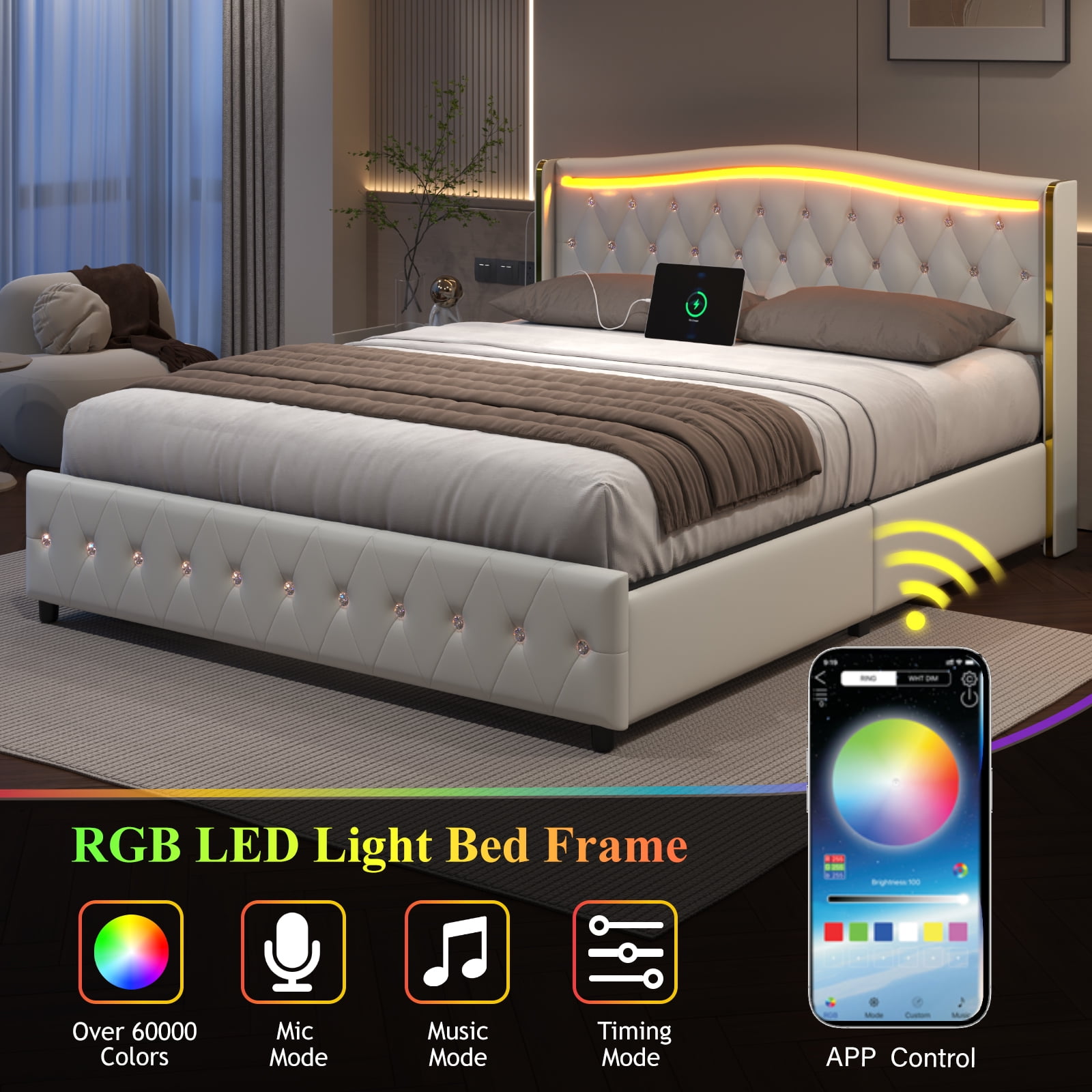 E-Motie Full Bed Frame with LED Lights & Charging Station, PU Leather Wingback Upholstered Platform Bed with 4 Storage Drawers, White