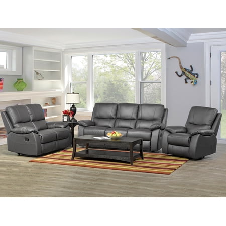 Dark Grey Top-grain Leather 1415 Manual Recliner Sofa Set 3P ESF Contemporary