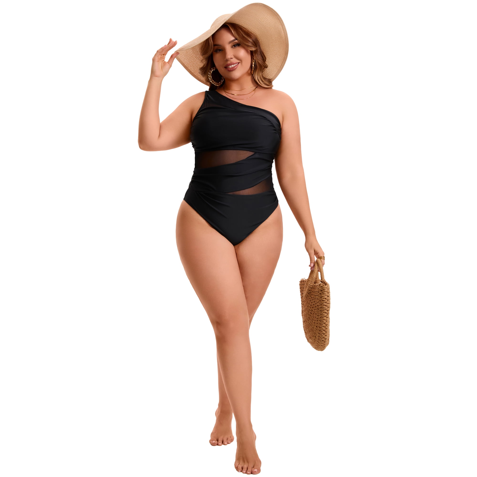 DARING DIVA Women's Plus One Shoulder Swimsuit with Mesh Detail 1X Black