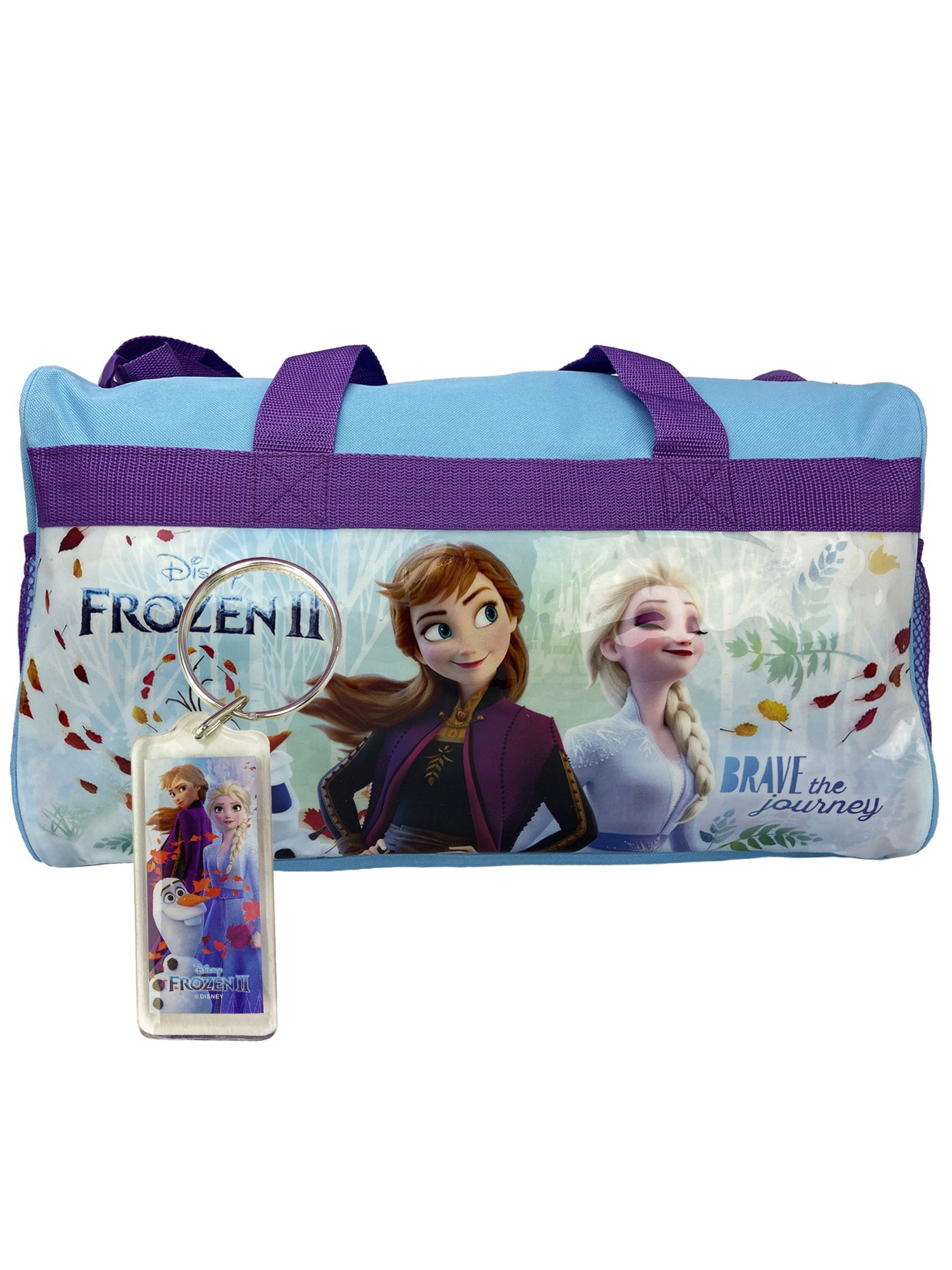 Disney Frozen Girls Duffel Bag w/ Lucite Key Chain Set Anna Elsa Travel
