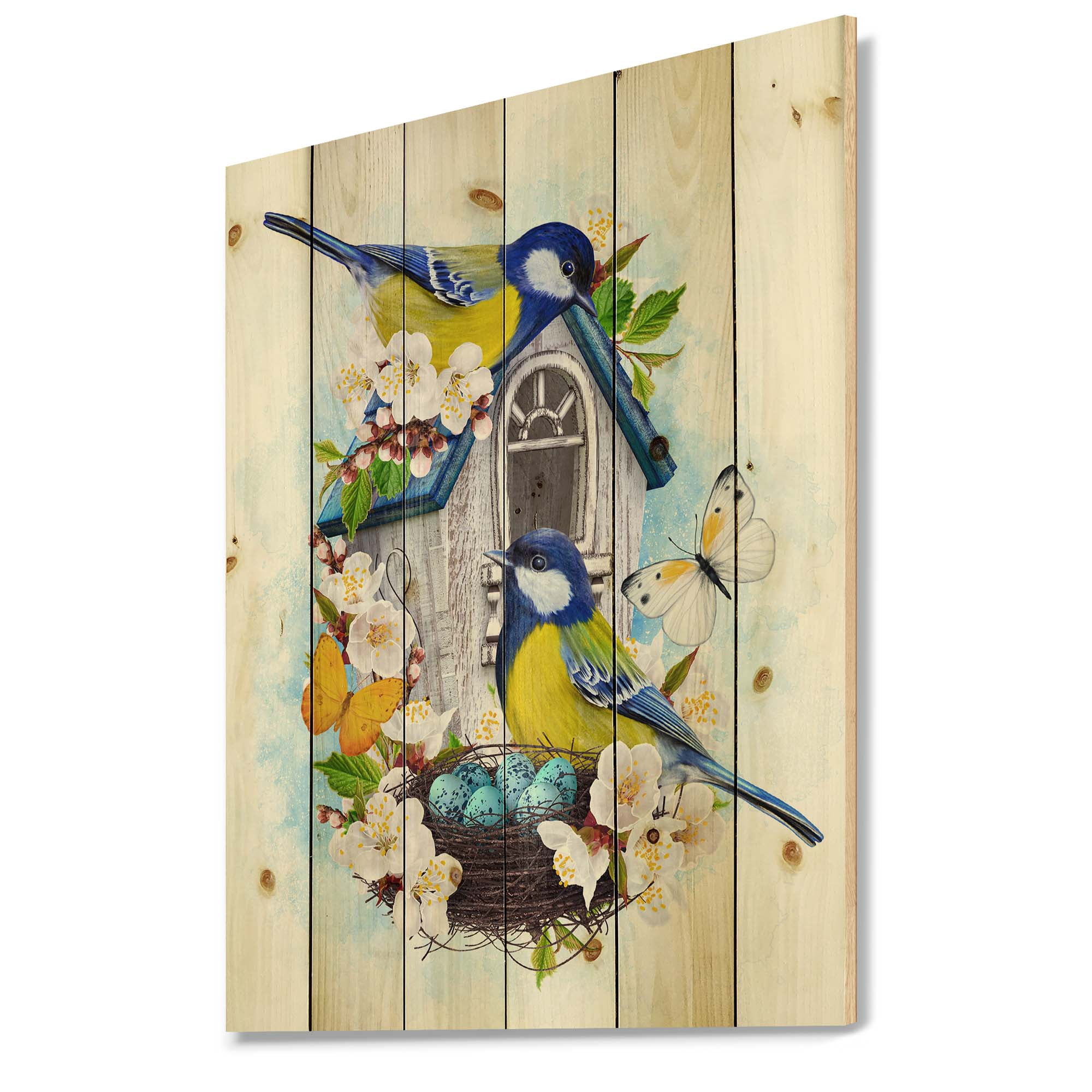 Designart 'Two Tit Birds Sitting Near The Nest With Eggs and White Flowers I' Traditional Print on Natural Pine Wood
