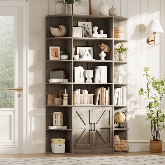 75" Tall Bookshelf with Barn Door - 6-Tier Adjustable Storage Cabinet for Living Room & Office – Grey Color