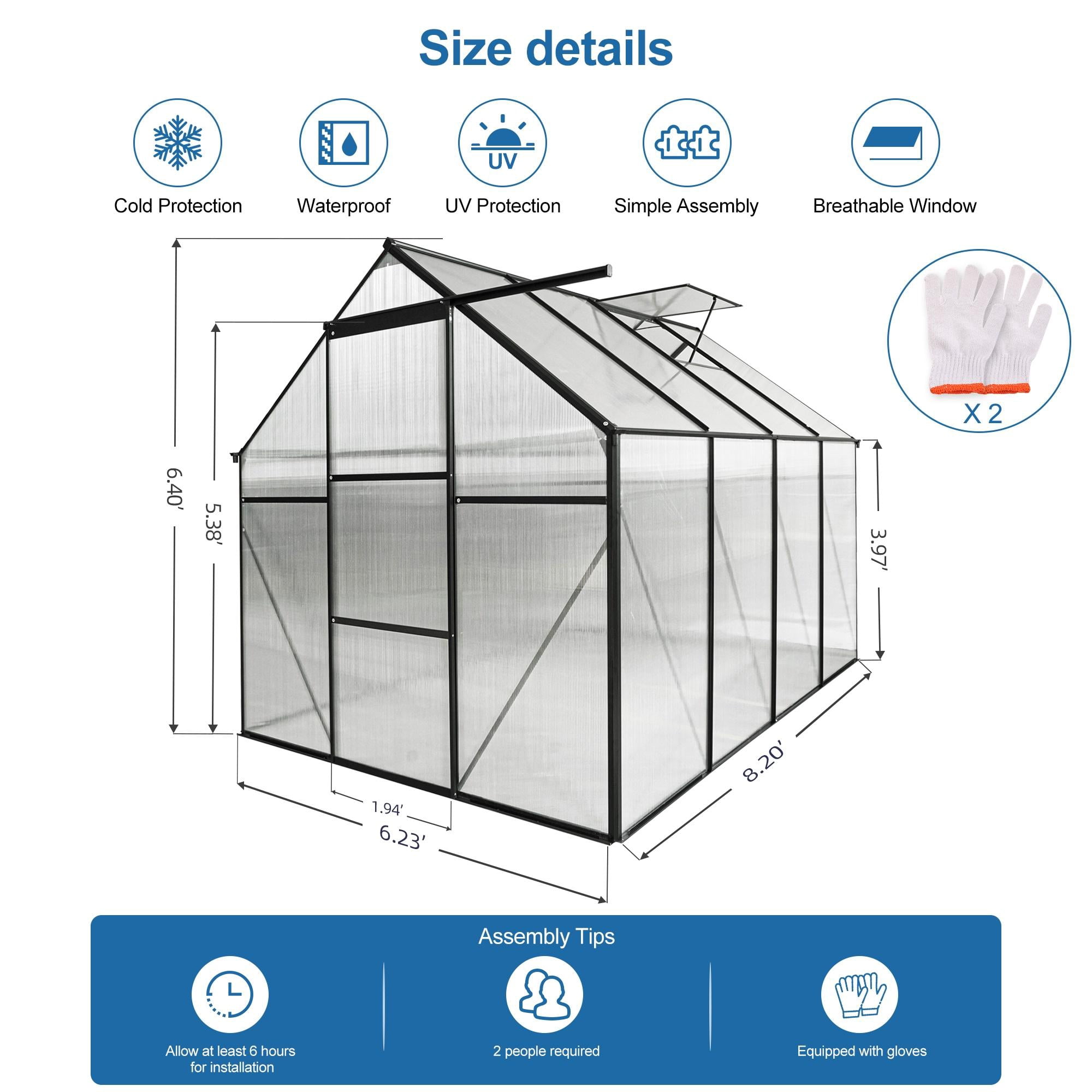 Walk-in Green House for Outisde, Seizeen Heavy Duty Polycarbonate Greenhouse with Aluminum Frame, Raised Base, Skylight, Sliding Door, 6x8FT