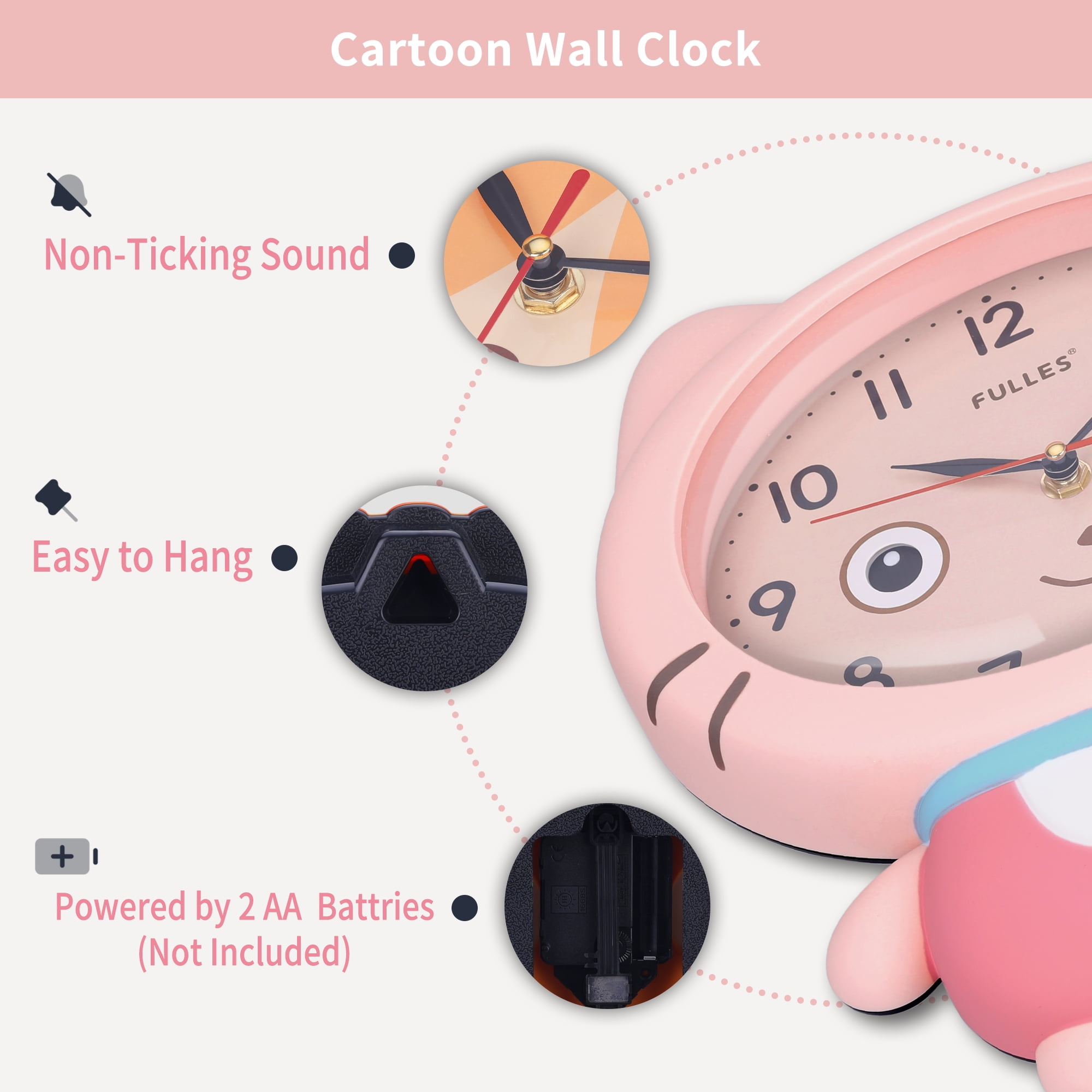 Unique Bargains 1pc Cartoon Cat Mechanism Wall Clock for Home 15" x 10" x 2.4" Pink