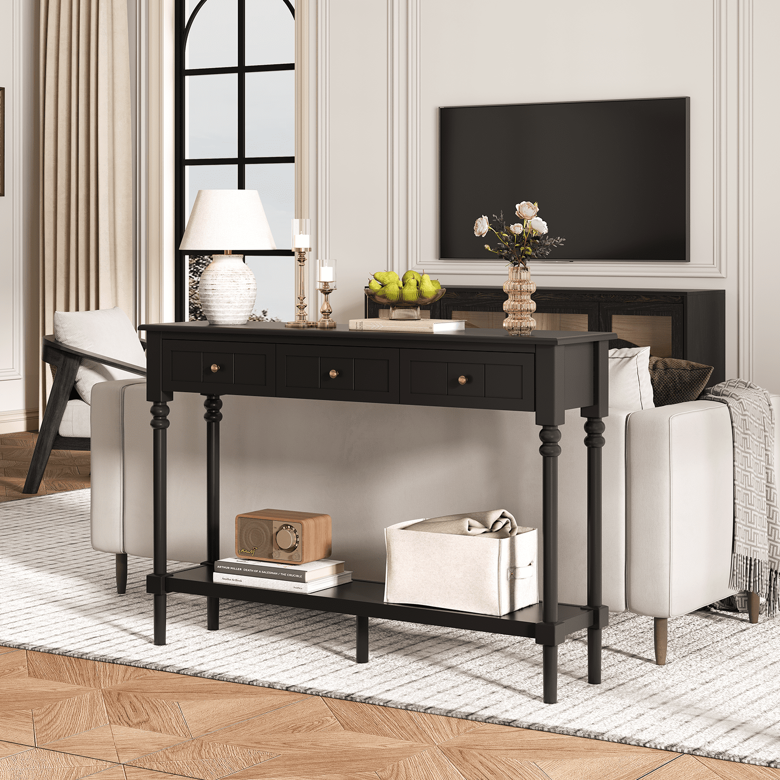 JOINICE Console Tables with Drawers,43" Entryway Table with Shelf and Solid Wood Legs,Narrow Long Sofa Table with Storage, Wood Foyer Tables for Entryway,Living Room,Hallway,Black