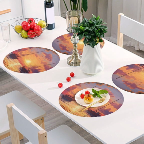 Round Grid Placemat ,One Sizex1, Round Placemat, PVC Plate Mat,15.4 Inch Non-Slip and Heat Resistant, Table Placemat, Dining Room Placemat Setting Sun
