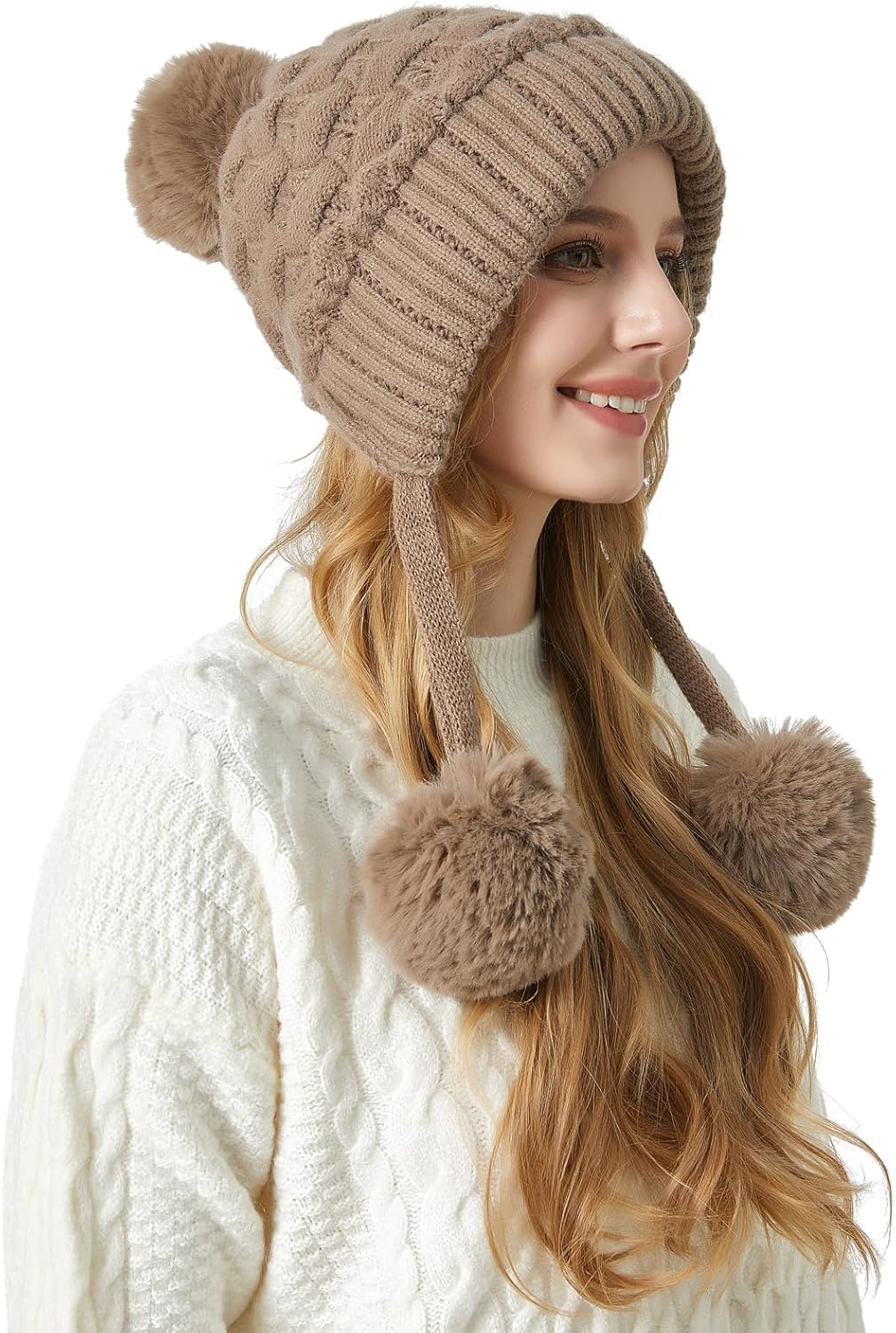 Zhengup XL Size Women Winter Sherpa Beanie Hats Knit Ear Flaps Peruvian Cover Ears Fleece Lined Fluffy Ski Snow Hat Large Head