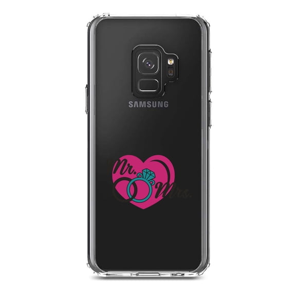 DistinctInk Clear Shockproof Hybrid Case for Samsung Galaxy S9 (5.8" Screen) - TPU Bumper Acrylic Back Tempered Glass Screen Protector - Mr. & Mrs. Wedding Rings Heart