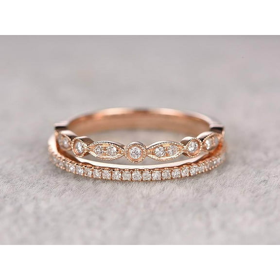 1.00 Carat 2 pcs Moissanite Diamond Wedding Ring Set Stacking Curved Design art deco Ring set in 925 Sterling Silver and 18k Solid Rose Gold Plating