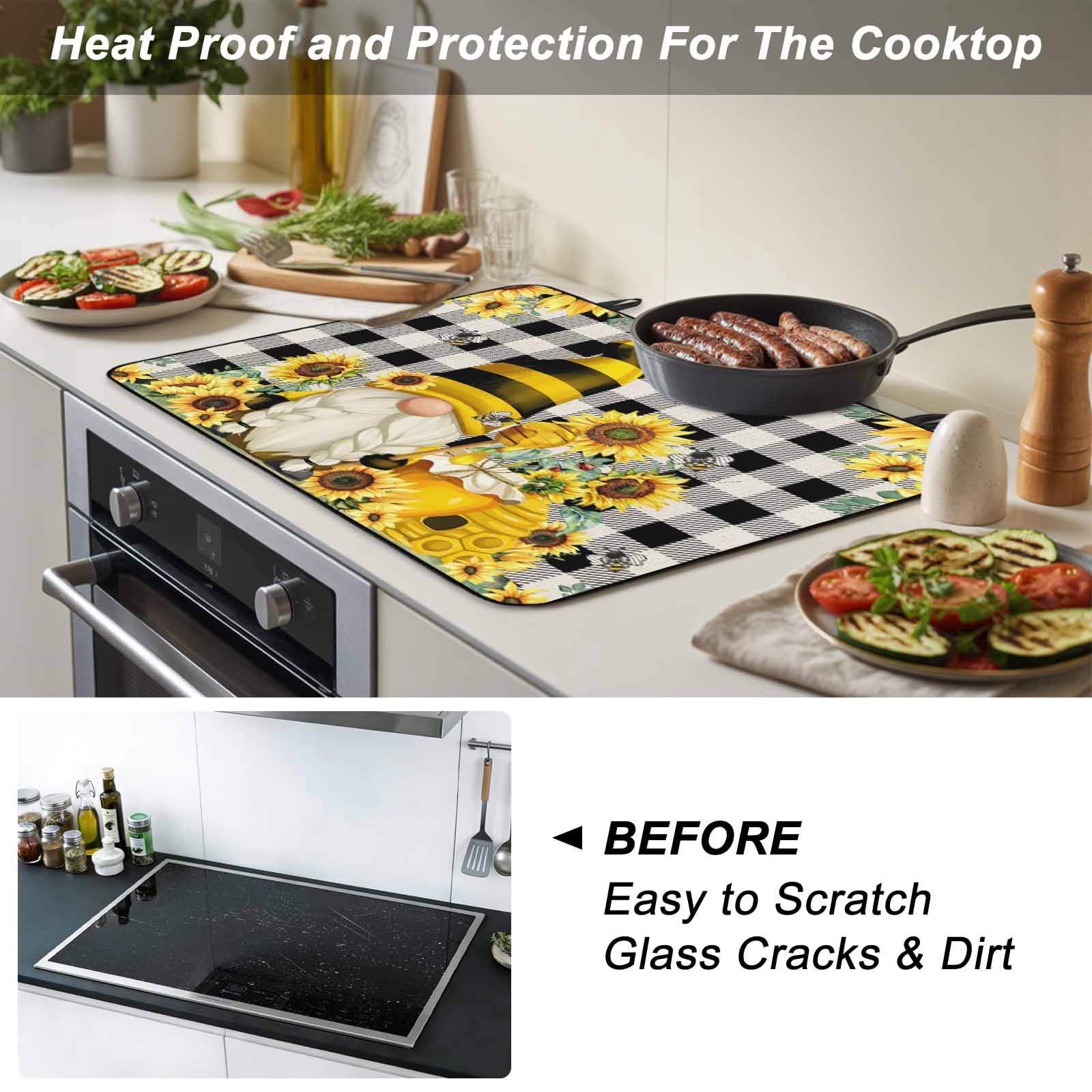 Yellow Sunflower Stove Top Cover for Electric Stove, Heat-proof & Non Slip Glass Top Stove Cover Protector, Spring Summer Bee Gnomes Black Plaid Kitchen Flat Cooktop Rubber Mat 28.5x20.5 Inches