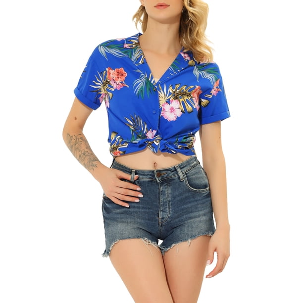 CAMISAS DE MUJER INSPIRADAS CHIC Hawaianas de Manga Corta Tropical Floral con Botones M Azul Real