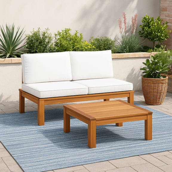 Teamson Home 2-Piece Outdoor Sectional Sofa Set with Chaise Lounge, Acacia Wood Frame, Weather-Resistant Cushions, Natural Finish
