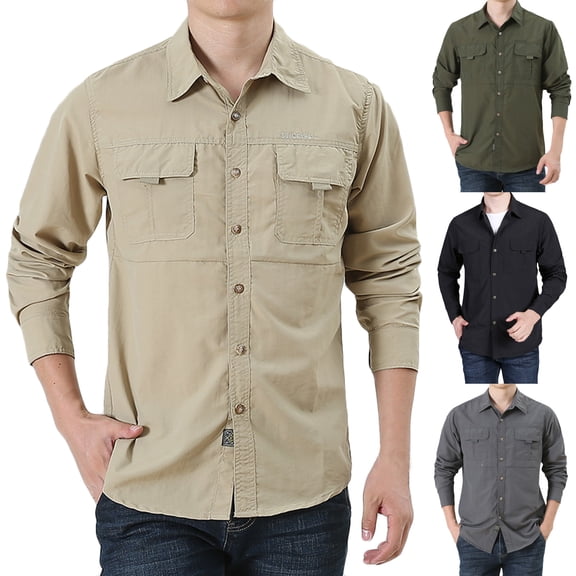 BiZtdJrK Mens Hiking Shirts Button Down Long Sleeve Shirts Solid Waterproof Breathable Shirt Outdoor Fishing Camping Work Shirts s Khaki L