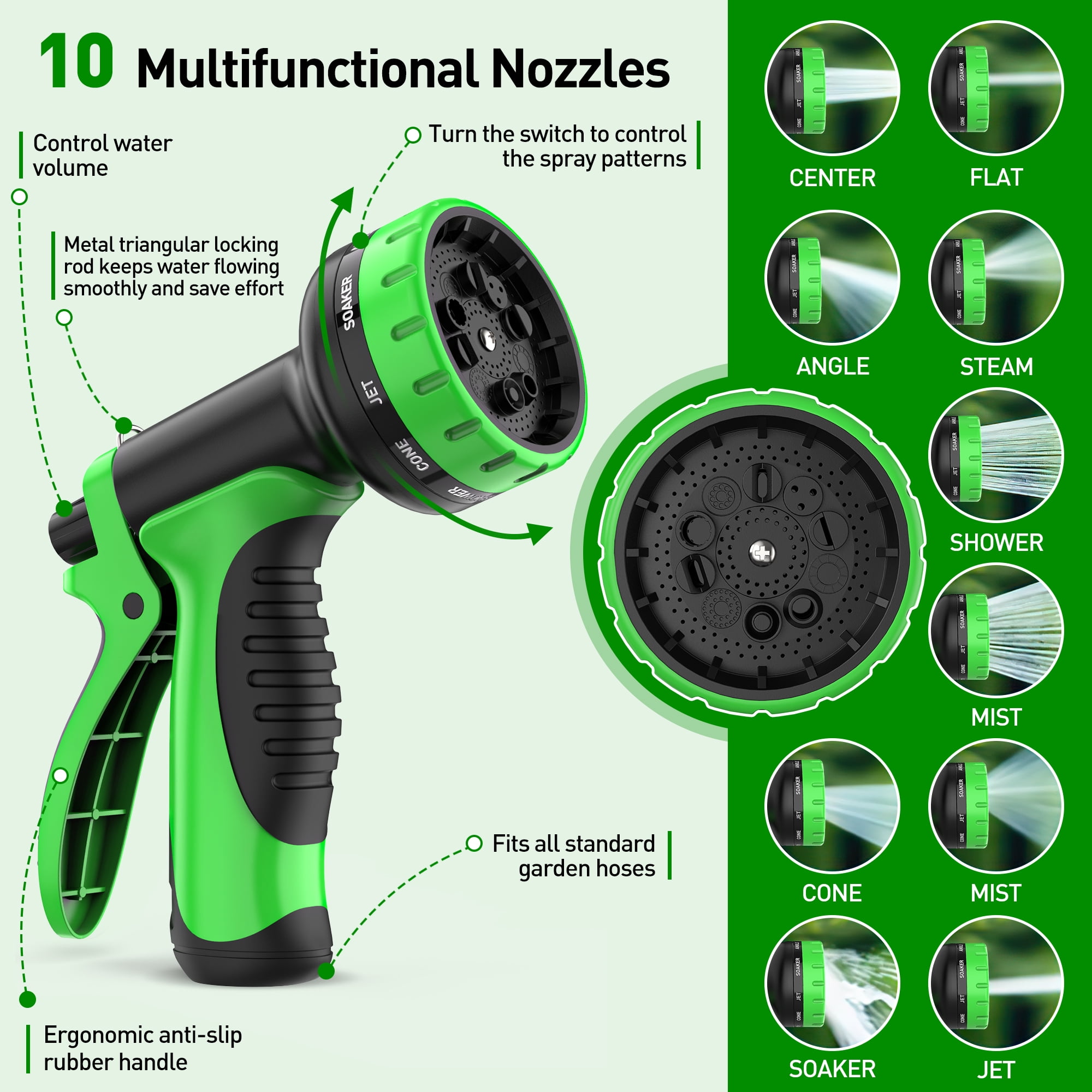 50ft Garden Hose, Metal Stainless Steel Water Hose w/ 10 Functional Nozzles & 3/4 inch Brass Fittings, Flexible, Kink&Tangle Free, Puncture Resistant, Heavy Duty Water Pipe for Yard&Outdoor(Sliver)