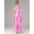 thumbnail image 3 of Aiihoo Kids Girls Shiny Metallic One Shoulder Flare Sleeve Dance Jumpsuit Unitard Bodysuit Pink 10, 3 of 7