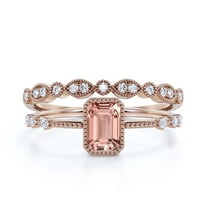 Art Deco 1.75 Carat Emerald Cut Morganite And Diamond Moissanite Thin Engagement Ring, Slim Wedding Ring in 10k Solid Rose Gold, Bridal Rings Set, Holiday Gift, Promise Ring, Anniversary Ring