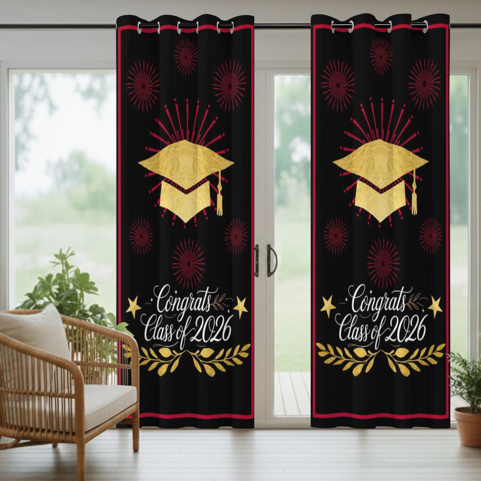 Gold Graduation Cap Outdoor Curtains for Patio, Class of 2026 Black Academic Modern Sunshade Privacy Drapes Grommet Waterproof Outside Curtains for Porch/Cabana/Balcony 54"x 108", 2 Panel