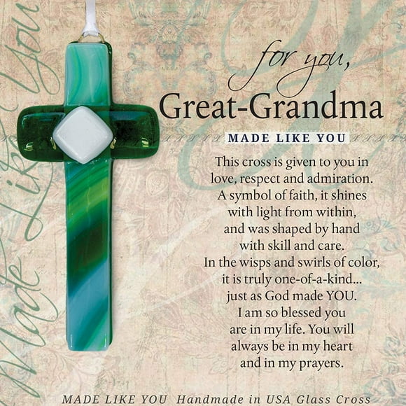Sentimental Gift For Great Grandma for Mother's Day/Christmas/Birthday - Handmade in USA Glass Cross With Poetry - Religious Gift for Great-Grandma