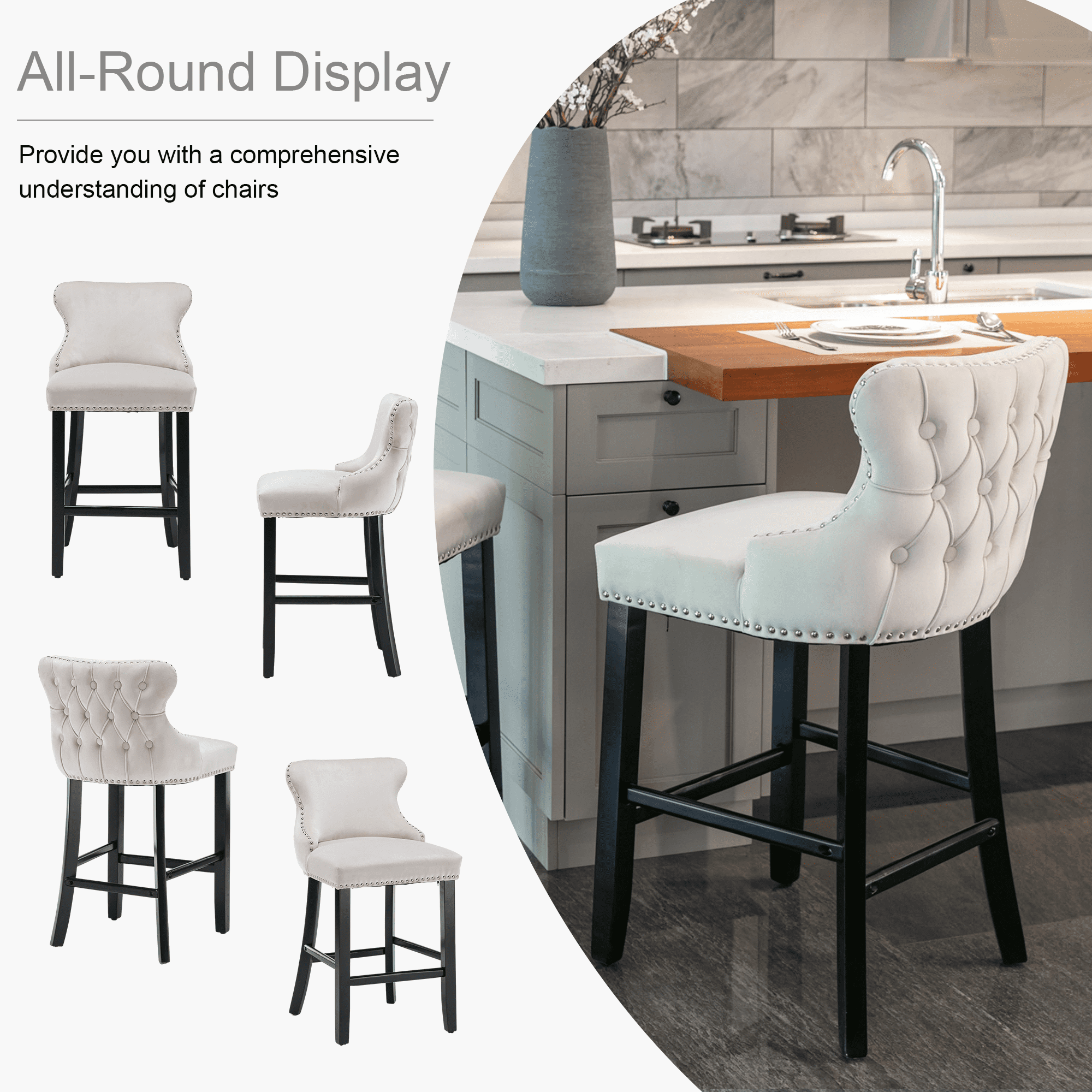 Velvet Counter Height Upholstered Barstools, Bar Stools Seat Height 27", Counter Height Armless Bar Chairs Button Tufted with Solid Wood Legs and Footrest for Kitchen Island Bar Area (Set of 2)