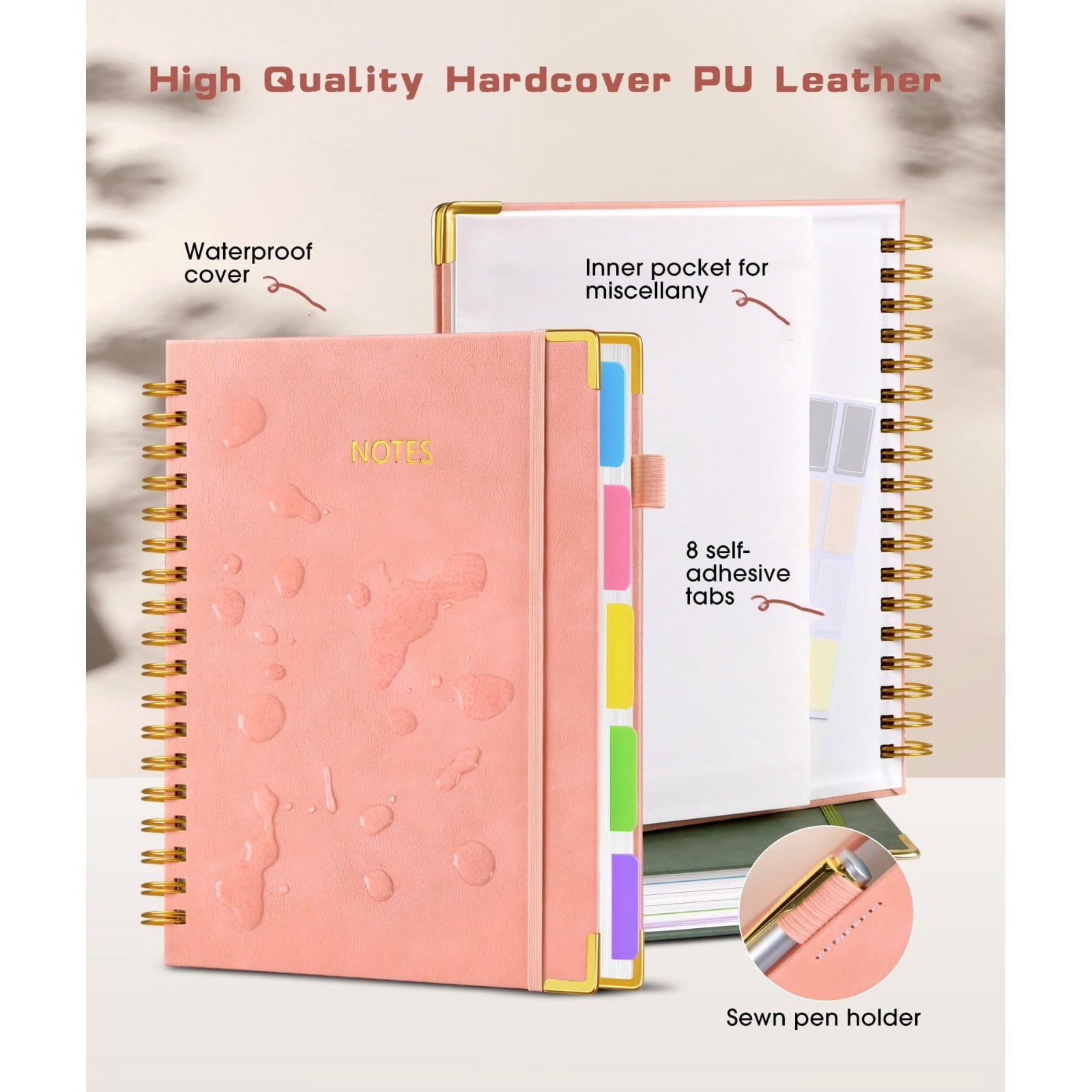 Hardcover Leather Lined Spiral Notebook,8x10" with Removable Dividers - B5 300 Pages 5 Subject College Ruled Notebook for Work with Tabs,Pockets,and Pen Loop for Note Taking,Large Journal - Black