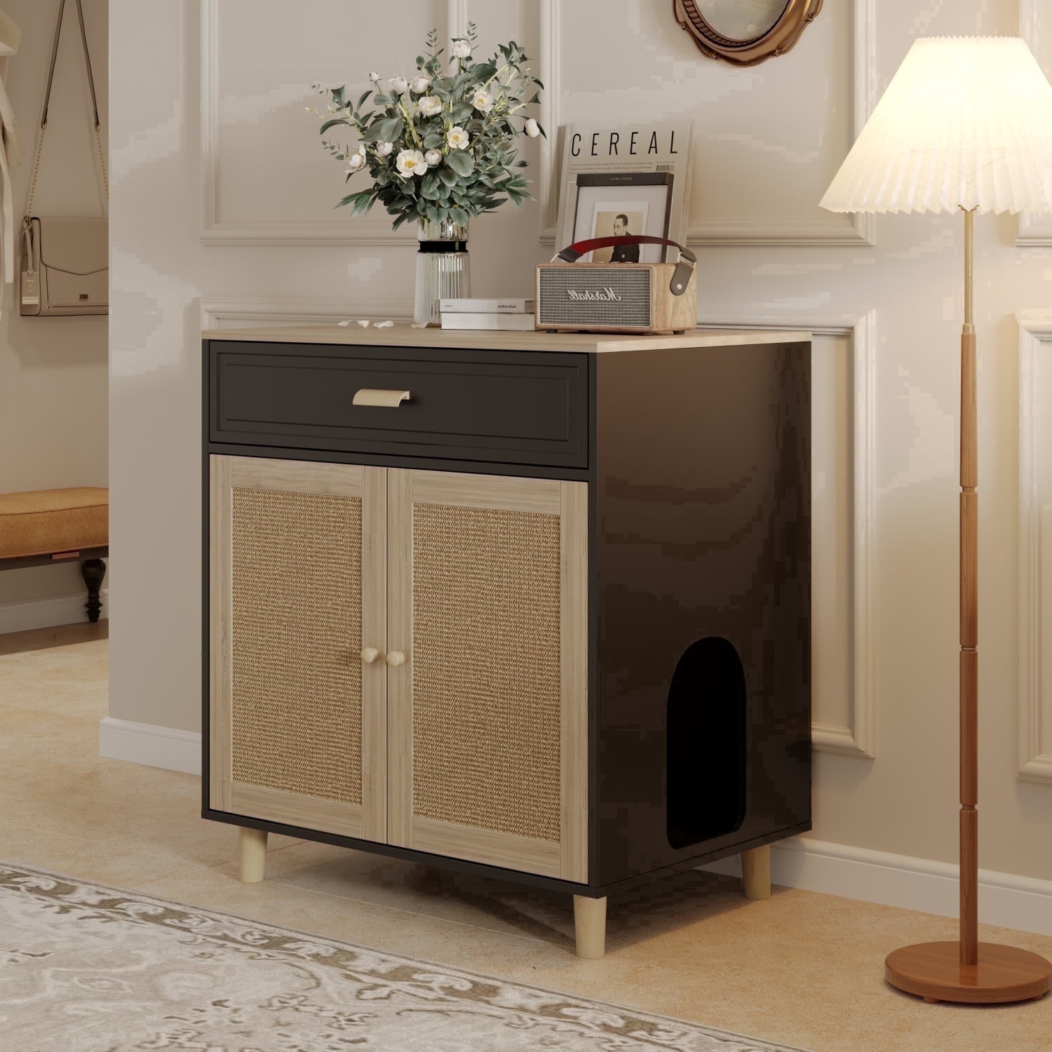 Faceket Wooden Ventilated Cat Litter Box Furniture with Scratching Board Doors and Drawer Black