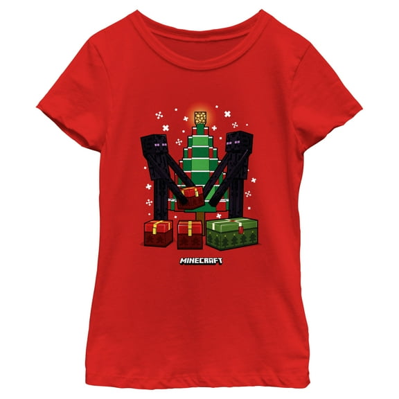 Girl's Minecraft Christmas Tree Endermans  Graphic Tee Red Large