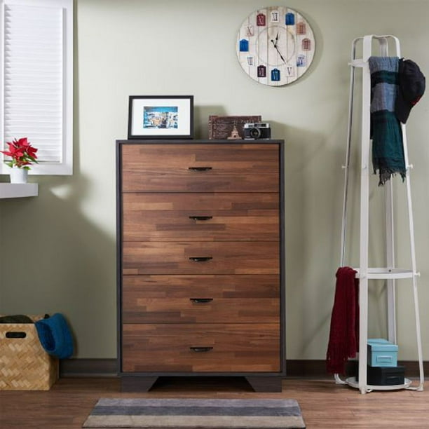 Oaktree Drawer Dresser Mobile Chest Of Drawers With 5 Storage Boxes Wooden Storage Tower Unit With Top Guardrail For Bedroom Living Room Walmart Com Walmart Com