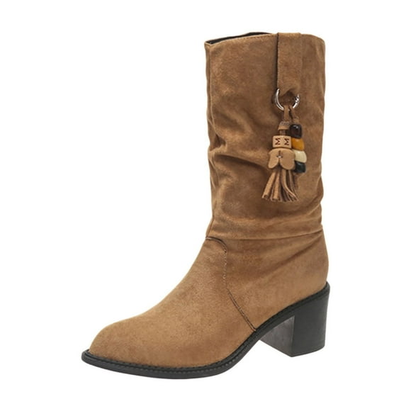 Lovzfmll Chelsea Boots Women, Retro Suede Ankle Boots Chunky Block Heel, Mid Calf Pointy Toe Tassel Boots Casual Fall Brown Boots