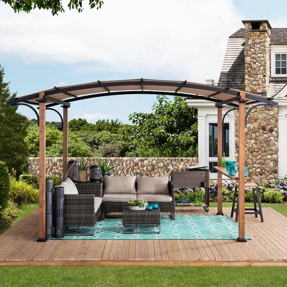 Sunjoy Beechhurst 8.5 ft. x 13 ft. Steel Arched Pergola with Natural Wood Looking Finish and Tan Shade