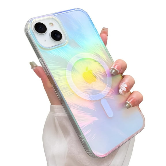 Compatible with Magsafe Magnetic Case for iPhone 14 Plus & iPhone 15 Plus Case for Women Girls Clear Cute Aesthetic Girly Iridescent Feather Sparkly Bling Phone Cover, Gradient Blue & Pink